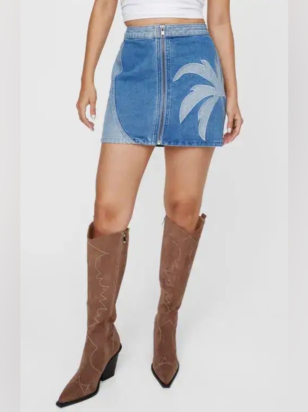 Nasty Gal Two-Tone Blue Denim Mini Skirt with Palm Tree Design